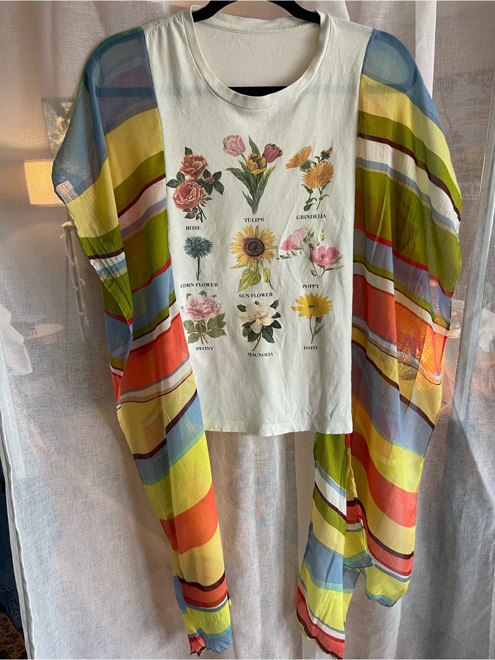 Floral Print White Cotton Tee with Multicolor Striped poncho OOAK